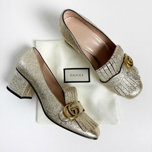 GUCCI Marmont Gold Mid Heel Loafer 39 US 8.5 Kiltie Fringe Metallic GG Logo